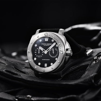 Pagani Design 1767 Automatisch herenhorloge, synthetische saffier-roestvrijstalen behuizing, 20 bar, waterdichte leren armband, casual herenhorloge