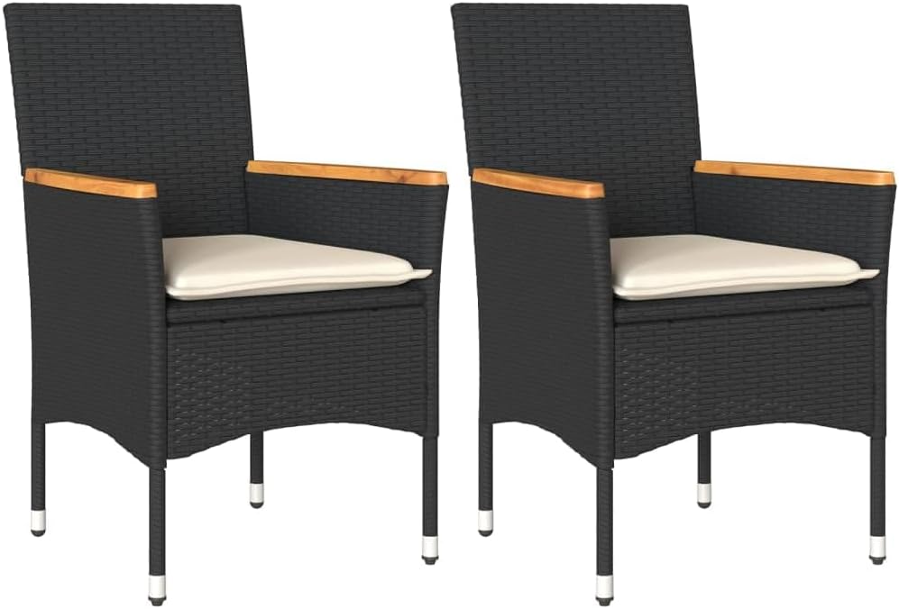 Tuinstoelen met kussens, 2 stuks, zwart, polyrotan PE, frame van gepoedercoat staal, kussen afneembaar en wasbaar, ideaal voor buiten en ontspanning, comfortabel - QUORE