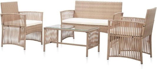 vidaXL Lounge Set with Cushions 4-Piece Garden Set Furniture Set Garden Outdoor Set Garden Furniture Garden Furniture Set Lounge Furniture Lounge Set Poly Rattan Beige - QUORE