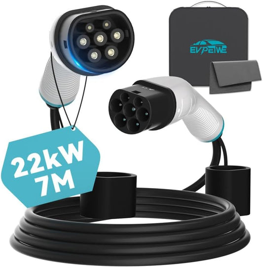 22kW 32A Type 2 EV-oplaadkabel, 7 m draagbare type 2 EV laadkabel | 480 V | 3-fasen | IP55 | voor alle IEC62196-2 EV's en plug-in hybride mennekes model 3/X/Y/S, met gratis opbergtas