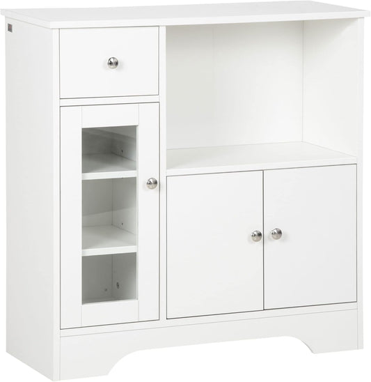 HOMCOM kitchen cabinet sideboard with 2 cabinets and open shelves, storage cabinet with adjustable shelves, chest of drawers with tilt protection and glass door white chipboard 80 x 30 x 82 cm - QUORE