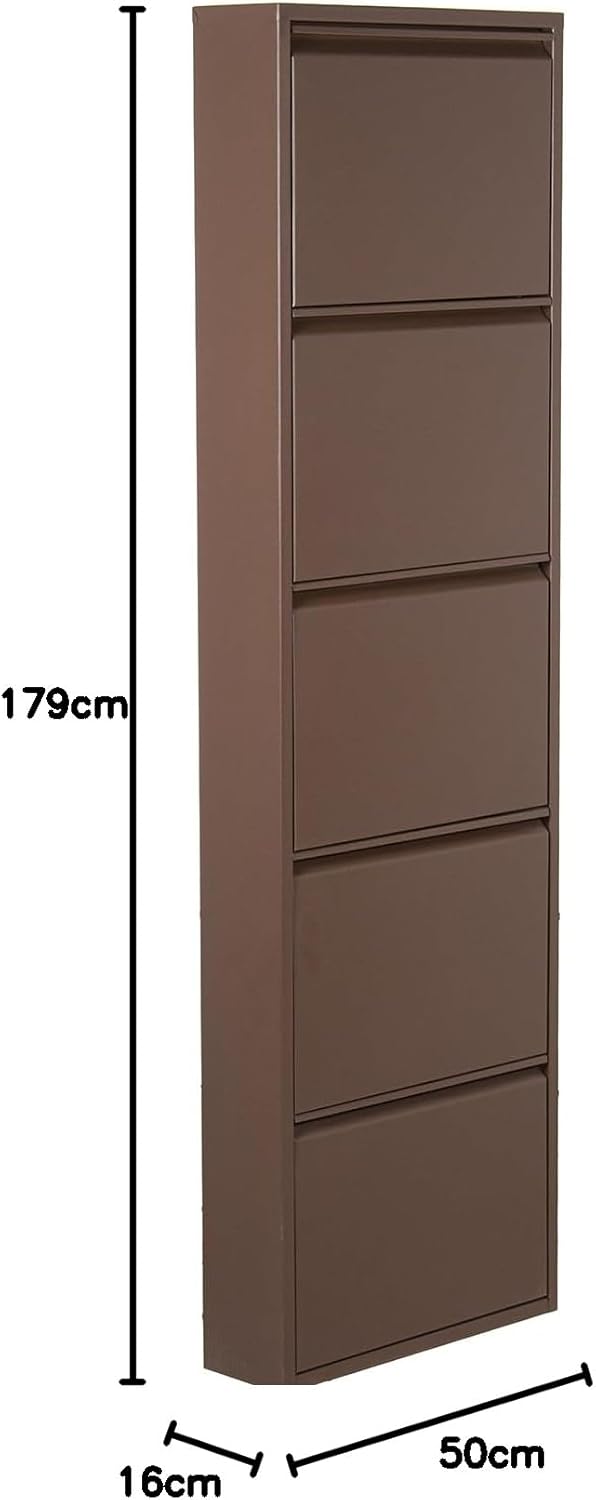 DRW Schoenenrek met 5 schuifladen van metaal, donkerbruin, 16 x 50 x 179 cm