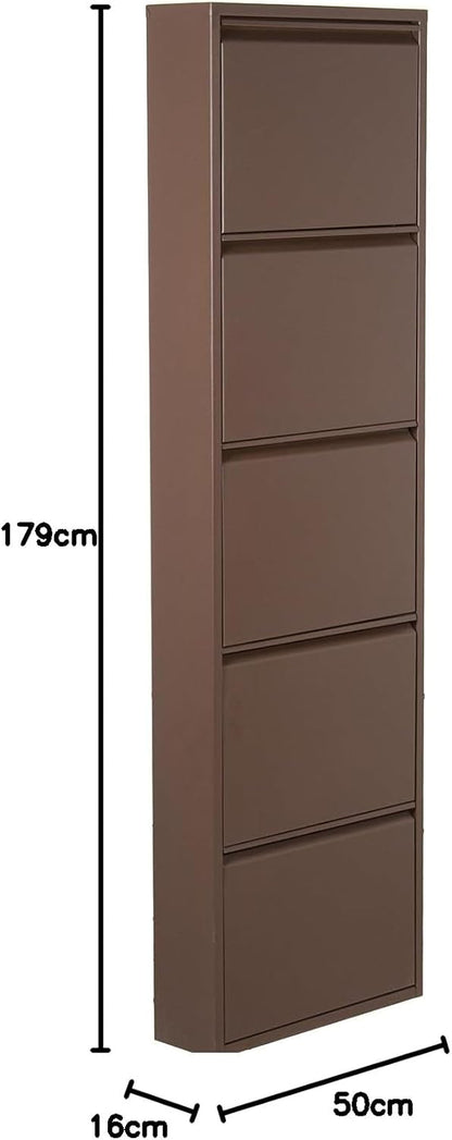DRW Schoenenrek met 5 schuifladen van metaal, donkerbruin, 16 x 50 x 179 cm