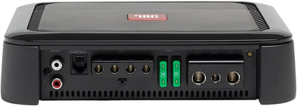 JBL Club A600 Mono Subwoofer Auto Versterker met 350W RMS op 4Ω, 600W RMS op 2Ω, Class D techniek, 10–320Hz bereik, variabele low-pass filter, bassboost en faseschakelaar voor systeemafstemming