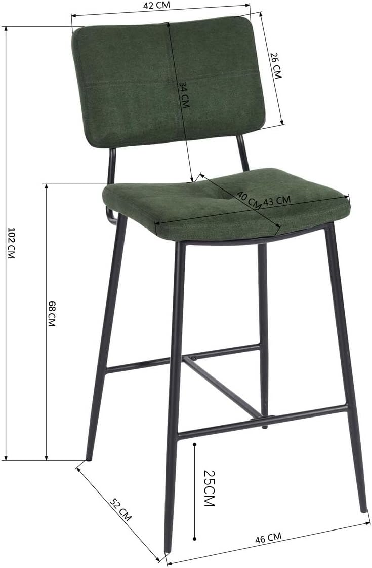 MEUBLE COSY Barkrukken, set van 2 barstoel, zithoogte 69 cm, met rugleuning en voetensteun van stof, barkruk, bistrokruk voor bar, bistro, café, keuken, groen, 46x52x99cm