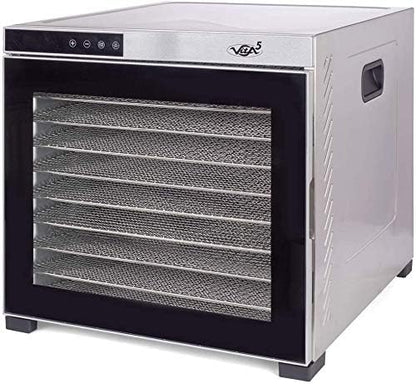 Vita5 Voedseldroger van roestvrij staal met 10 trays - Voedseldroger voor vlees. fruit. groenten en champignons - 24-uurs timer en instelbare temperatuur 35-75°C - 1000W