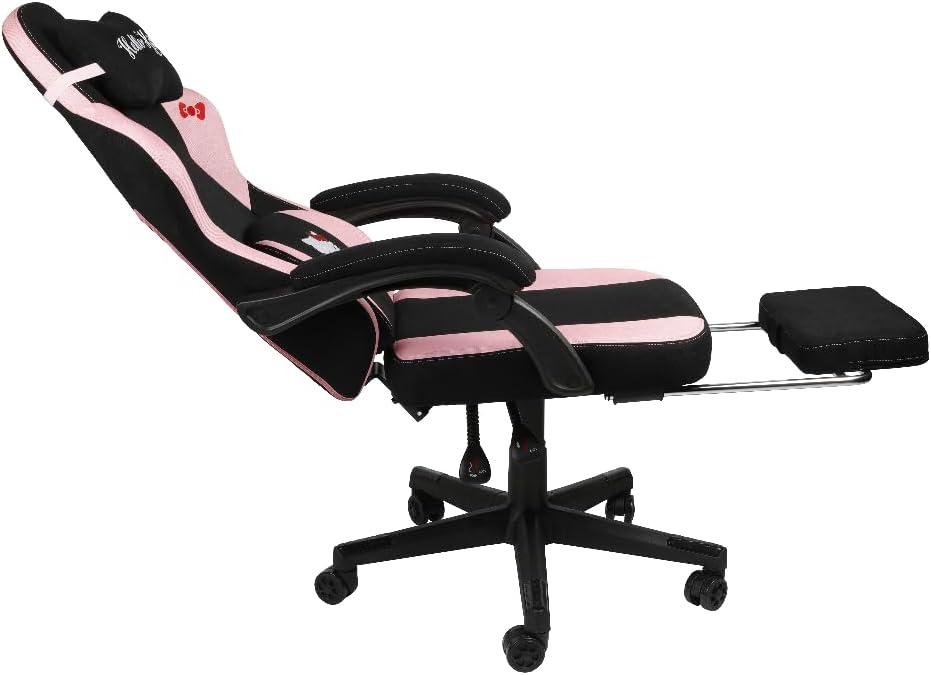 Konix Hello Kitty Gaming-bureaustoel, zithoek 150 graden, frame van hout en metaal, kussens, voetensteun, zwart en roze