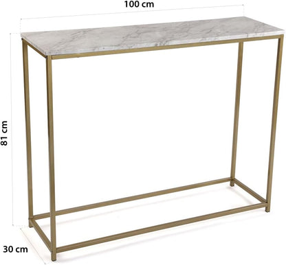Versa Montpellier Smalle hal of vestibule Entree hal meubilair, Console Tafel, Afmetingen (H x B x H) 81 x 30 x 100 cm, Hout en Metaal, Kleur Marmer en goud