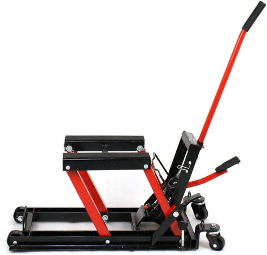 Motorlift – Motorhefbrug – Motorbok – ATV Lift – Quad Hefbrug – Hydraulisch – 680 kg Draagvermogen – Compact & Mobiel – Rood