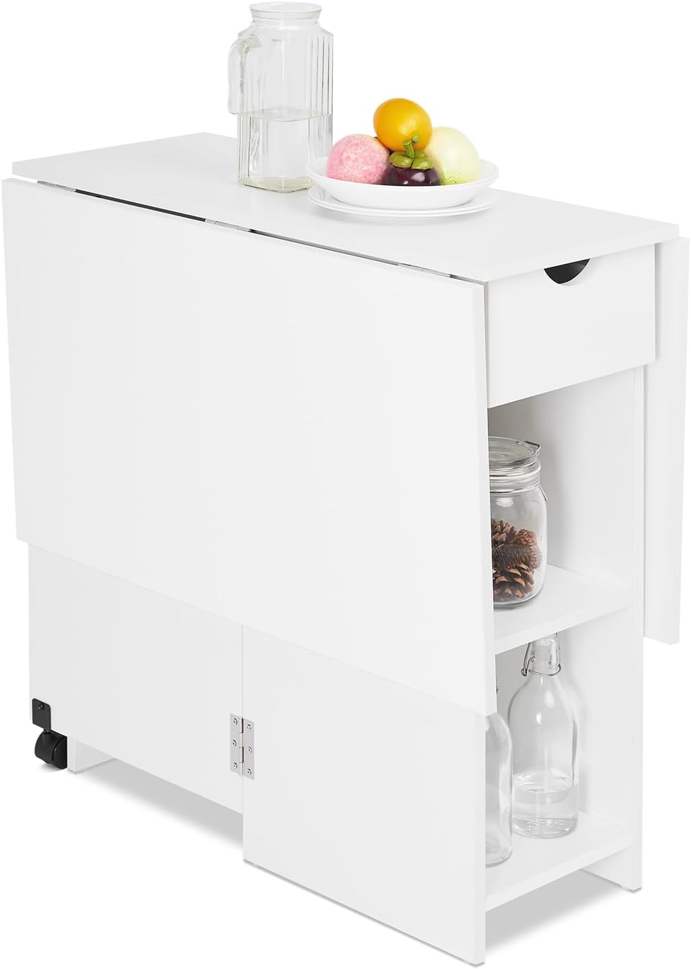Mondeer Mobile Folding Table, Folding Dining Table, Suitable for Small Spaces with 1 Drawer and 2 Shelves for Dining Room and Kitchen, White H1071KT01WT 72 x 120 x 75 cm - QUORE