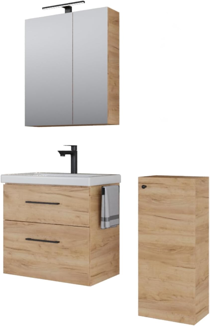 Planetmöbel bathroom furniture set washbasin with vanity unit 63 x 60 x 36.5 cm, mirror cabinet 60 cm with LED lighting (matt black) & socket, with midi cabinet, gold oak - QUORE