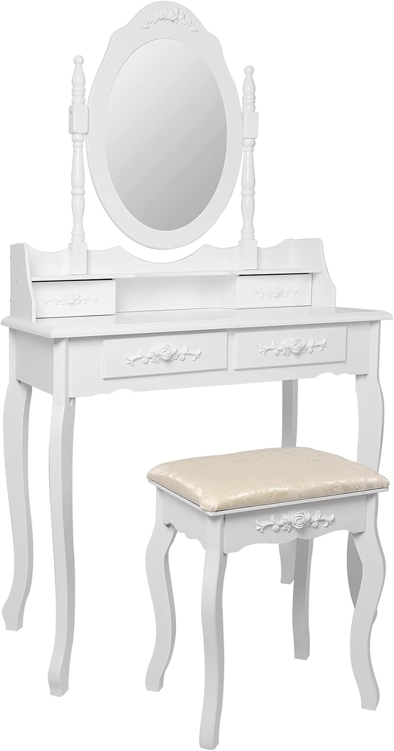 ML-Design Dressing Table White, Dressing Table with Mirror, Stool and 4 Drawers, 75 x 140 x 40 cm, Country Style, Cosmetic Table for Women & Girls, Dressing Table Made of MDF Wood, Dressing Table - QUORE