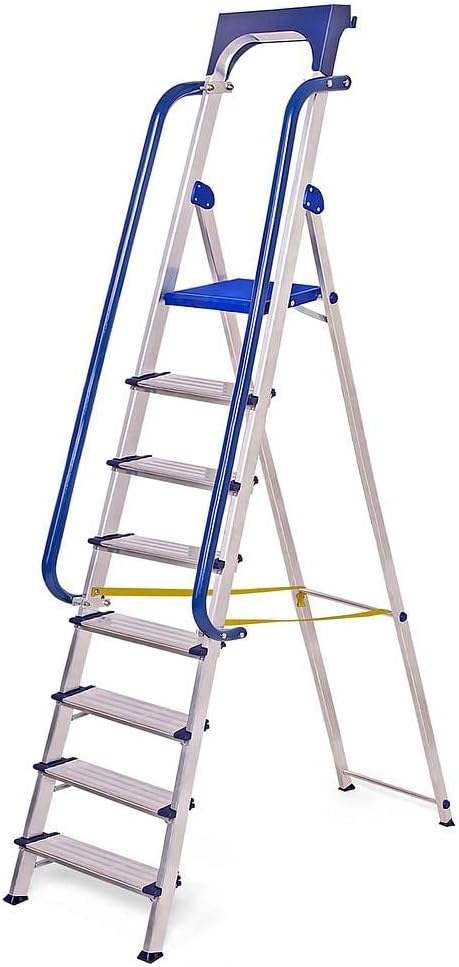 Trapladder met 8 treden Secure Pro, versterkt aluminium, beveiligd met leuningen, gereedschapshouder, platformhoogte 182 cm, belasting 150 kg