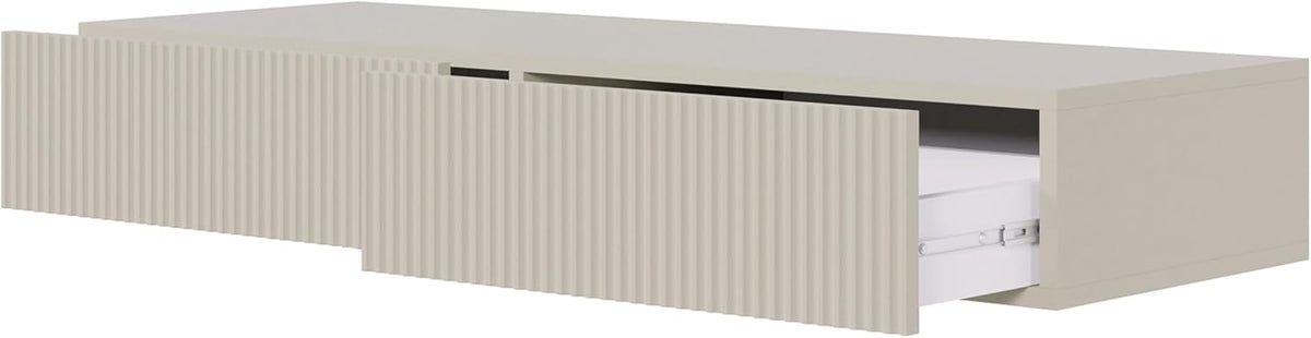 Selsey Zwevende Kaptafel Veldio 110 cm grijs taupe met frezen lamellenfront, Push-to-Open lade, moderne wand make-up tafel, minimalistische vanity desk zonder spiegel, stylish en functioneel