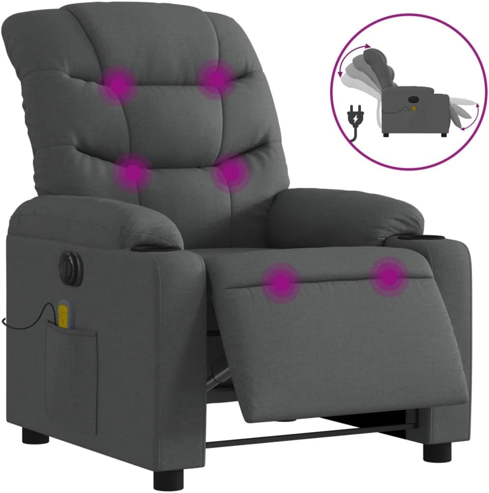 Elektrische Relaxstoel – Fauteuil – Massagestoel – Ligstoel – Wellnessstoel – 6-Punts Trillingsmassage – Stabiel Hout-Metaal Frame – Donkergrijze Stof – Groot Zitvlak – USB Bediening