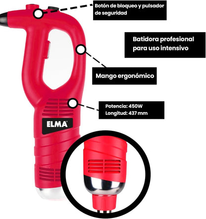ELMA Professionele staafmixer, 25 cm roestvrijstalen hakmolen, krachtige motor met 450 W, variabele snelheid, ideaal voor horeca en industriële keukens, rood