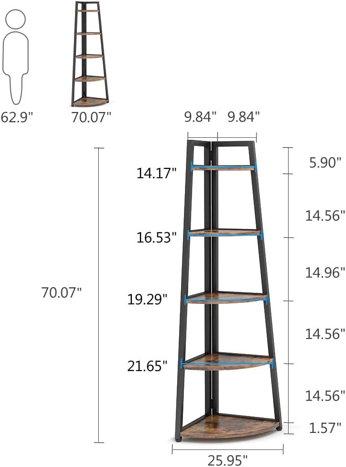 Tribesigns 70" Tall Corner Shelf, 5 Tier Rustic Corner Bookshelf Industrial Corner Ladder Shelf Small Bookcase Plant Stand for Living Room, Kitchen, Home Office