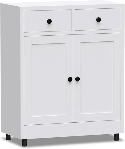 Metalen opbergkast met 2 laden en verstelbare plank, dressoir buffetkast voor thuis, kantoor, hal, entree, woonkamer, keuken bijkeuken en eetkamer (wit) - QUORE