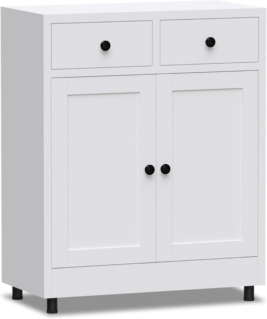 Metalen opbergkast met 2 laden en verstelbare plank, dressoir buffetkast voor thuis, kantoor, hal, entree, woonkamer, keuken bijkeuken en eetkamer (wit) - QUORE