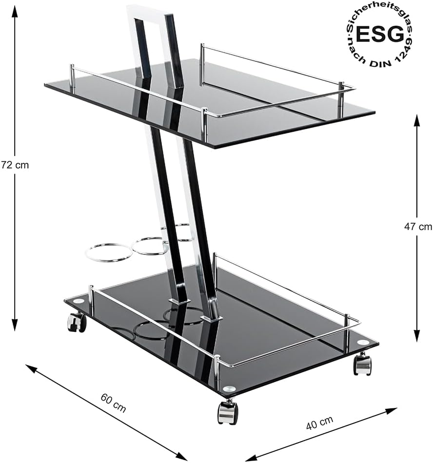 HAKU Möbel Serveerwagen chroom, zwart, Metaal, veiligheidsglas 8 mm - Maat: B 40 cm x H 72 cm x D 60 cm, Stijl: Modern