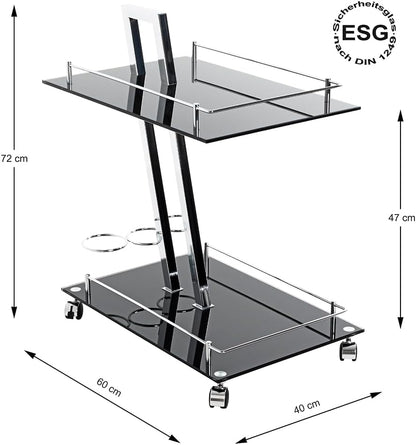 HAKU Möbel Serveerwagen chroom, zwart, Metaal, veiligheidsglas 8 mm - Maat: B 40 cm x H 72 cm x D 60 cm, Stijl: Modern