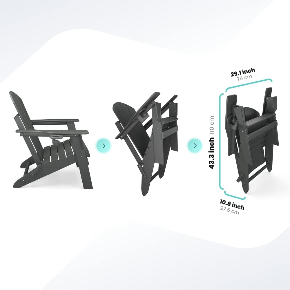 Adirondack Folding Chair for Garden, Patio or Deck - Arm Rests and Cup Holder - Lightweight, Weatherproof - Stylish, Durable Outdoor Furniture for Fire Pit, Beach, Poolside, Porch (Grey)