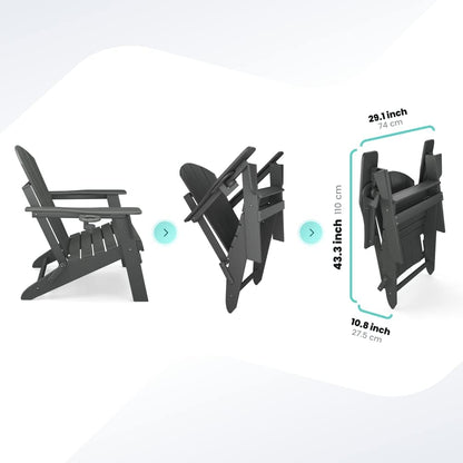 Adirondack Folding Chair for Garden, Patio or Deck - Arm Rests and Cup Holder - Lightweight, Weatherproof - Stylish, Durable Outdoor Furniture for Fire Pit, Beach, Poolside, Porch (Grey)