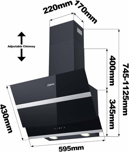 CIARRA CBCB6736N Afvoerluchtafvoer zwart Afzuigkap 750 m³/h aanraakbediening afvoerlucht/recirculatie Afzuigkap 60cm Breed Roestvrij staal Afzuigkappen, 3 prestatieniveaus LED-verlichting