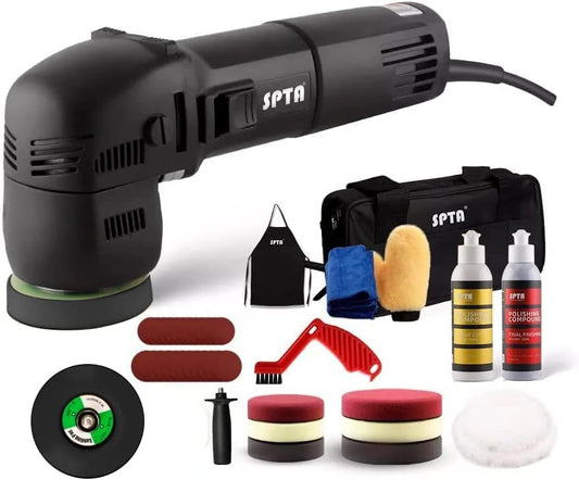 SPTA Buffer Polijstmachine, 3 Inch 10mm/780W Variabele Snelheid Orbitale Dual Action Auto Detailing Tool Met DA Polijsten Pads, Schuurschijven, Pad Conditioning Borstel, Scratch Remover