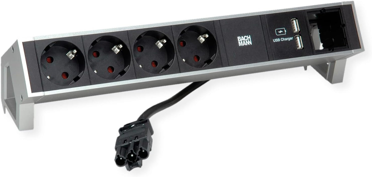 BACHMANN DESK2 4X geaard contact 1x USB-oplader, aluminium