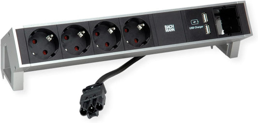 BACHMANN DESK2 4X geaard contact 1x USB-oplader, aluminium