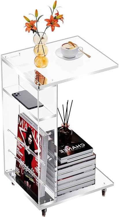 Duidelijke Acryl Bijzettafel op Afsluitbare Wielen, C-vormige Eindlijst voor Bank, Kleine Salontafels voor Kleine Ruimten (Doorzichtig), SFCJ01001