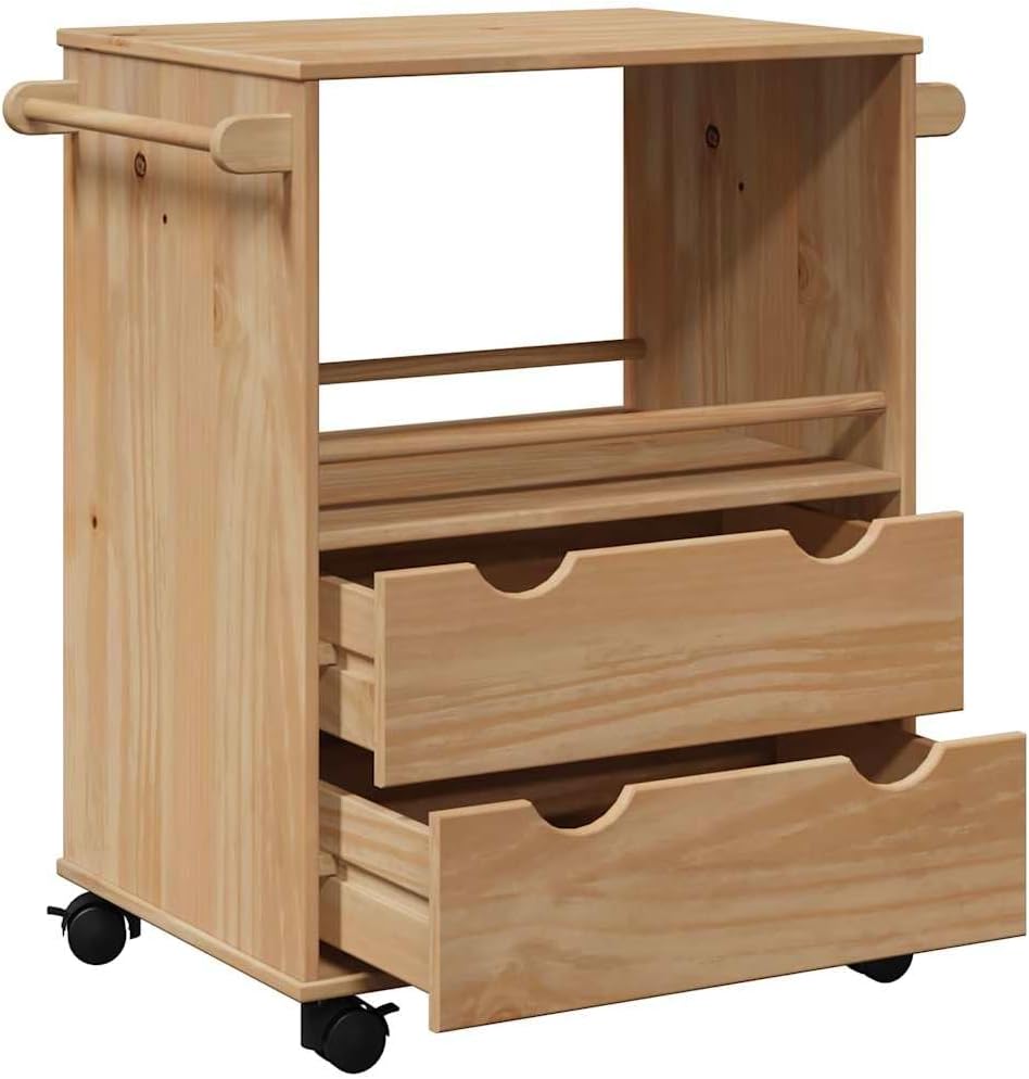 Keukentrolley – Keukenwagen – Serveerwagen – Opbergwagen – Rolwagen – Massief Grenenhout – 59x45x80 cm – Verrijdbaar Met Remmen