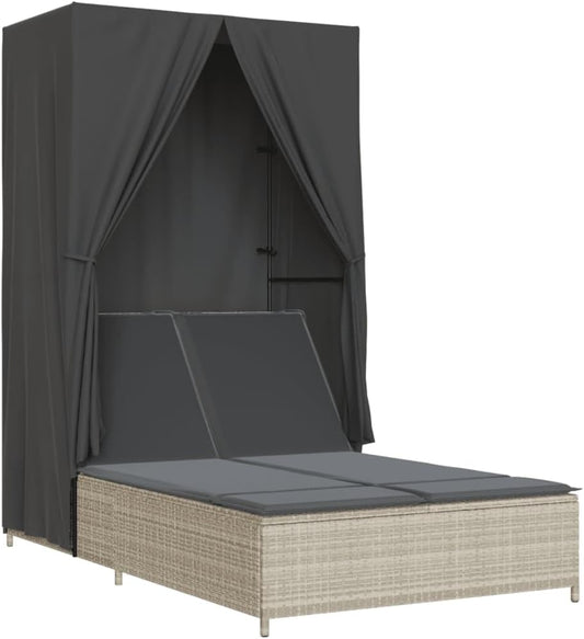 Outdoor Double Lounger with Adjustable Roof and Washable Cushion Made of Weatherproof Synthetic Rattan for Garden, Patio, Courtyard - QUORE