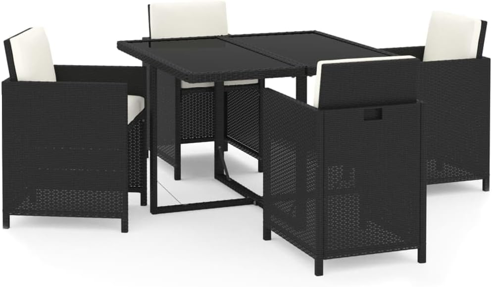 vidaXL 5-Piece Garden Set with Cushions Poly Rattan Black, Garden Furniture Set, Garden Dining Set, Outdoor Seating, Dining Set, Patio Set, Dining Area, Table and Chair, Garden Table - QUORE