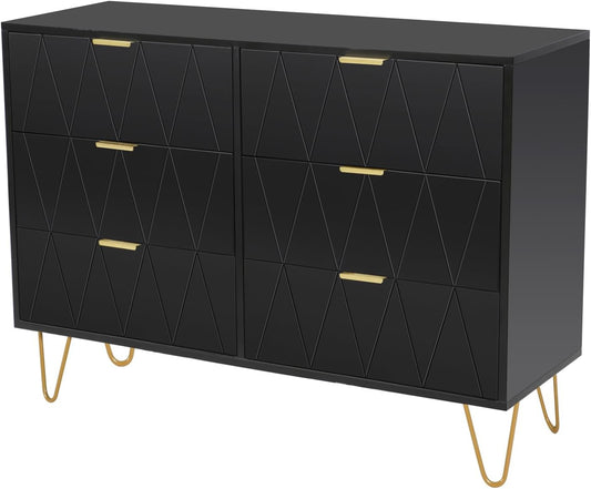 Commode – Ladekast – Kast – Opbergkast – Dressoir – 6 Laden – Scandinavisch Design – Matzwart – Hout & Ijzer – 100x34x73 cm