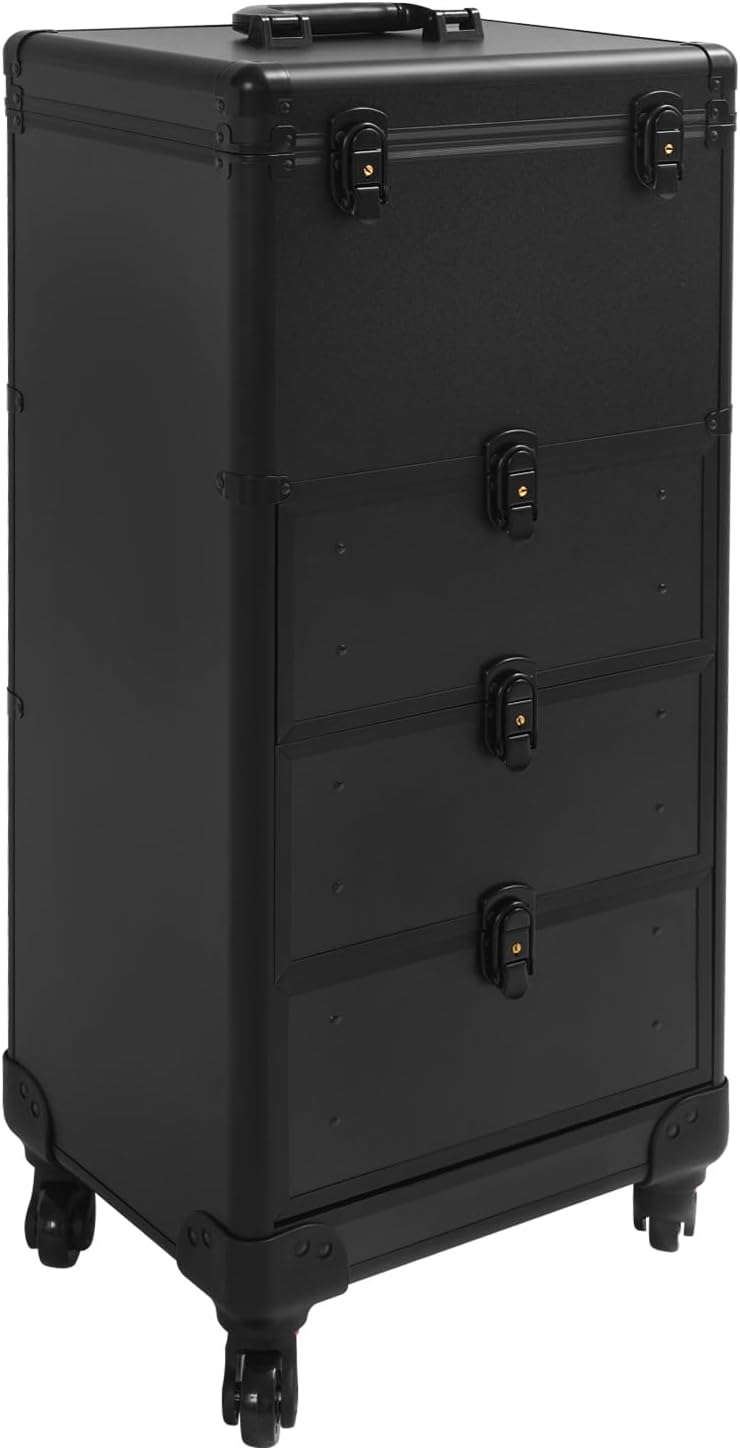 OUKANING Professional Makeup Case Trolley with Lock 3 Drawers and Telescopic Handle Shockproof Aluminium Cosmetic Case with 4 Wheels for Makeup Artists Travel Salon (Black, Shiny) - QUORE