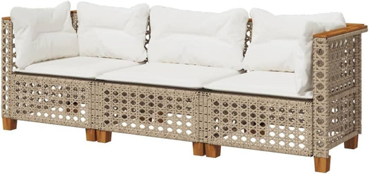 vidaXL Garden bench 3 seater with cushions poly rattan beige, garden furniture, outdoor bench, outdoor bench, lounge chair garden, garden bench lounge, garden bench - QUORE