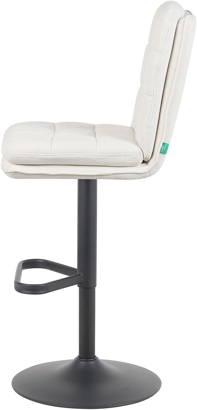 DUBI Möbel Enno Bar Stool – Double Cushions & Padded Backrest – Continuously Adjustable Height – Black Matte Dish Base with Triangular Footrest – Woven Fabric Cream - QUORE