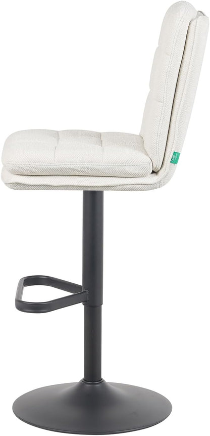 DUBI Möbel Enno Bar Stool – Double Cushions & Padded Backrest – Continuously Adjustable Height – Black Matte Dish Base with Triangular Footrest – Woven Fabric Cream - QUORE