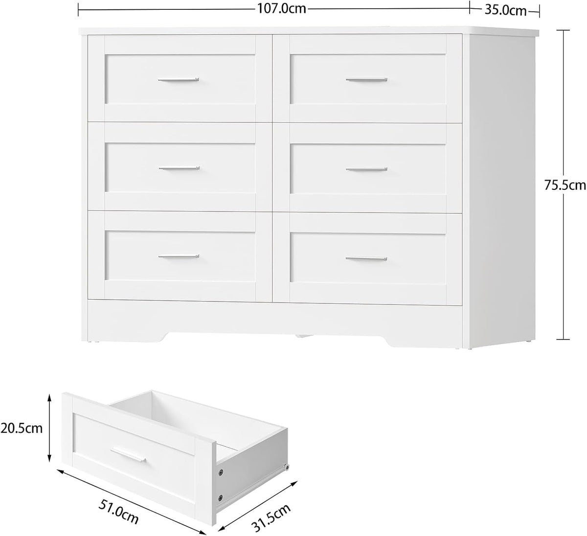 TEENFON 6 Drawer Chest of Drawers for Bedroom, Multifunctional Storage Cabinet, Dresser with Drawers, Suitable for Bedroom, Living Room, Dining Room and Hallway, White, 107×35×75.5cm - QUORE