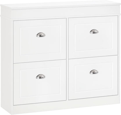 HOMCOM Shoe Cabinet with 4 Drawers Storage Modern Simple Design Cabinet Chipboard MDF White 98 x 24 x 83 cm - QUORE