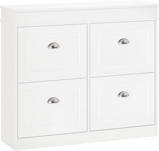 HOMCOM Shoe Cabinet with 4 Drawers Storage Modern Simple Design Cabinet Chipboard MDF White 98 x 24 x 83 cm - QUORE
