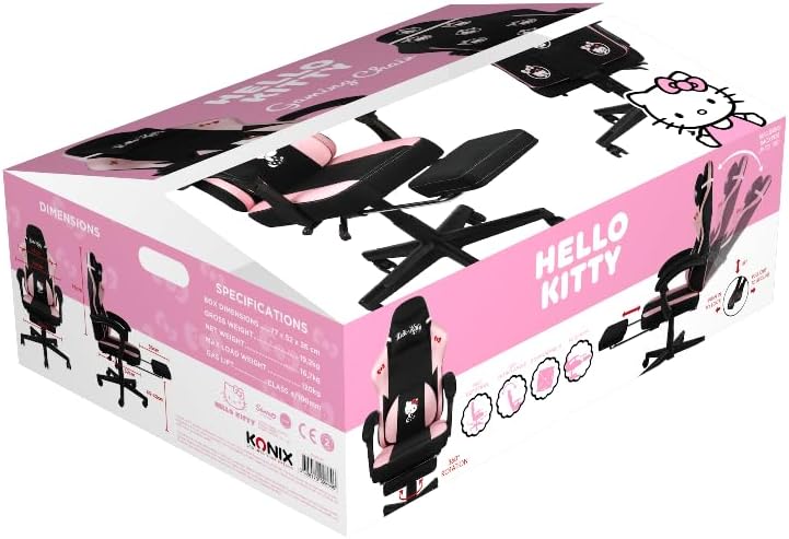 Konix Hello Kitty Gaming-bureaustoel, zithoek 150 graden, frame van hout en metaal, kussens, voetensteun, zwart en roze