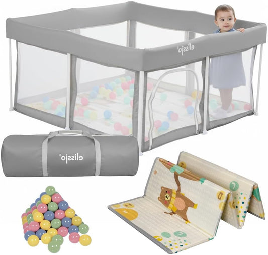 Ground Box Baby - Foldable Playpen with Double-sided Play Mat & 50 Balls - Crawling Box - Children's Playpen - Playpen Baby - 125x125x65 CM - Grey - QUORE