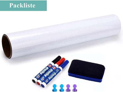 Magnetische Whiteboard Folie 120 x 250 cm, Magneetbord Zelfklevend, Magneetfolie Afwisbaar, Gemakkelijk op Maat Te Snijden, Voor Thuisschool, Met Markeerstiften, Whiteboardspons en Magneten.
