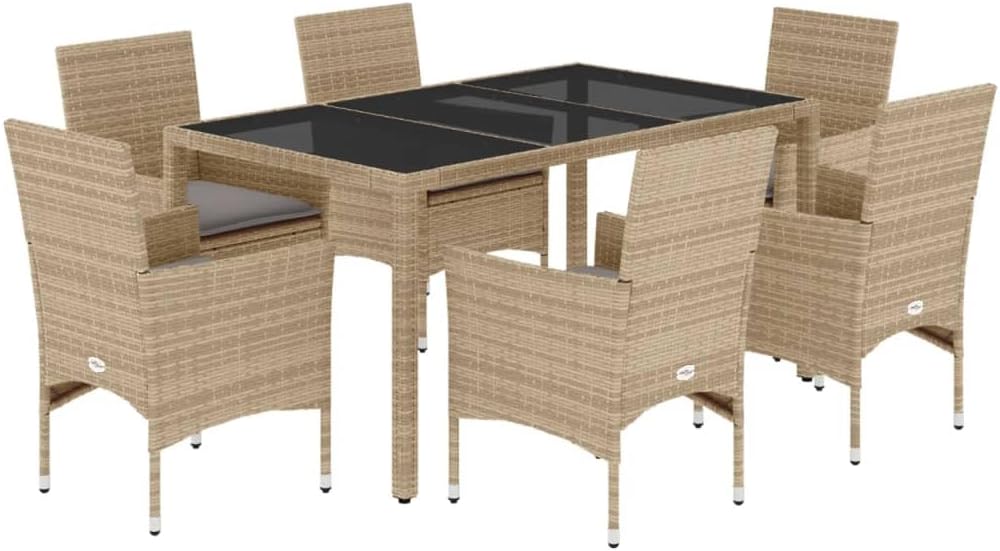 Garden seating set for 6 people, garden furniture set, 6 chairs with table, rattan dining group, balcony furniture, for 6 people, balcony table and chairs, garden set, beige, 7-piece - QUORE