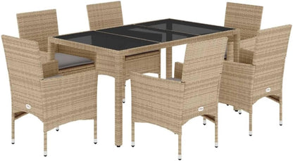 Garden seating set for 6 people, garden furniture set, 6 chairs with table, rattan dining group, balcony furniture, for 6 people, balcony table and chairs, garden set, beige, 7-piece - QUORE
