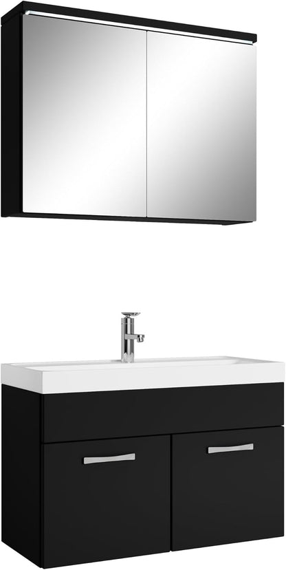 Paso 02 bathroom furniture set, 80 cm, washbasin, matt black, base cabinet, cabinet, sink, mirror cabinet, cabinet - QUORE