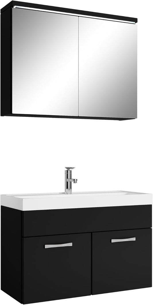 Paso 02 bathroom furniture set, 80 cm, washbasin, matt black, base cabinet, cabinet, sink, mirror cabinet, cabinet - QUORE